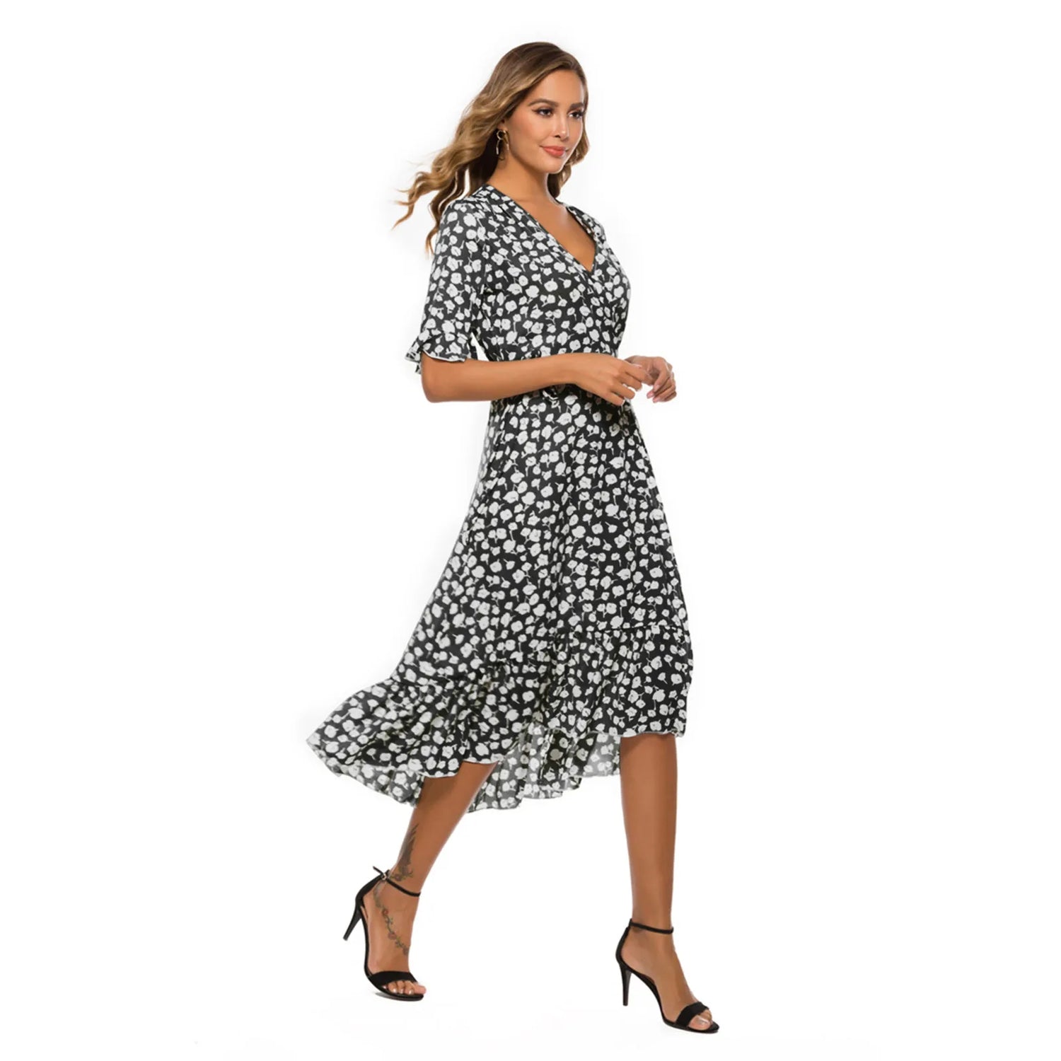 Robe Noir Fleur Blanche Mi-Longue