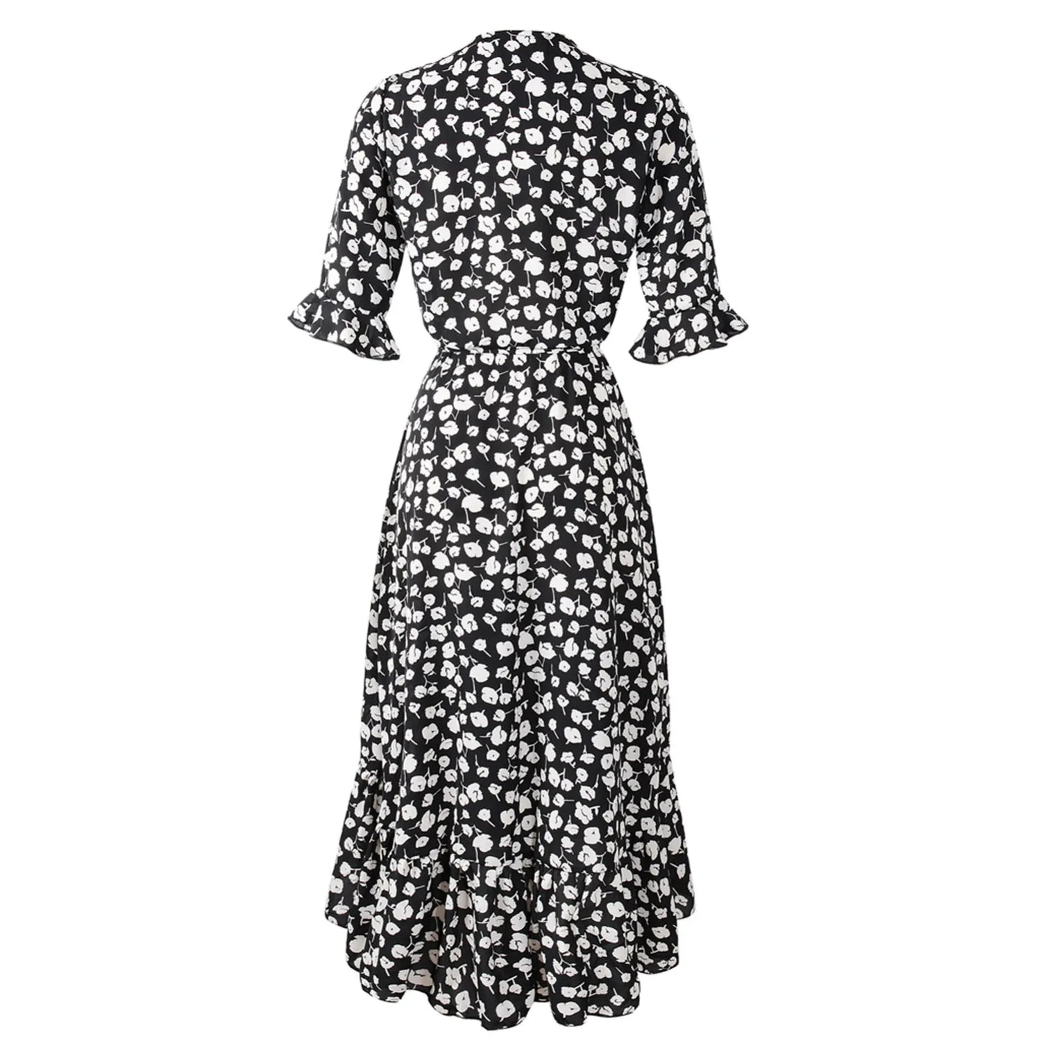 Robe Noir Fleur Blanche Mi-Longue