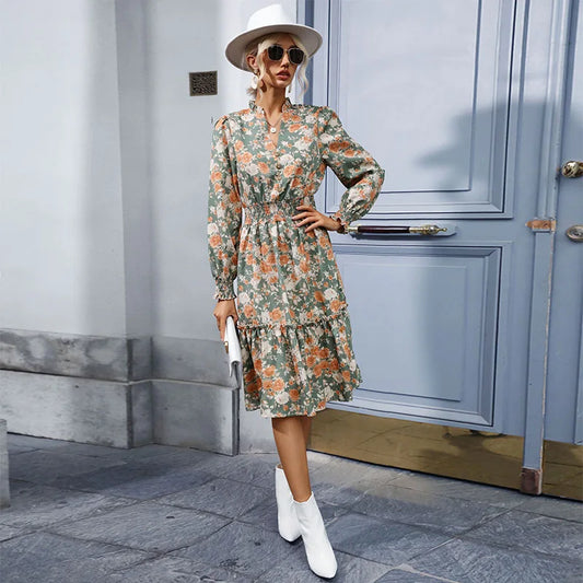 Robe Fleurie Mi-Longue Kaki