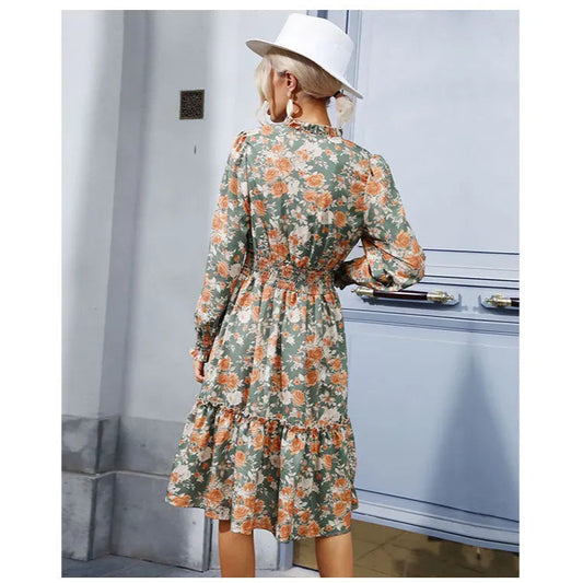 Robe Fleurie Mi-Longue Kaki