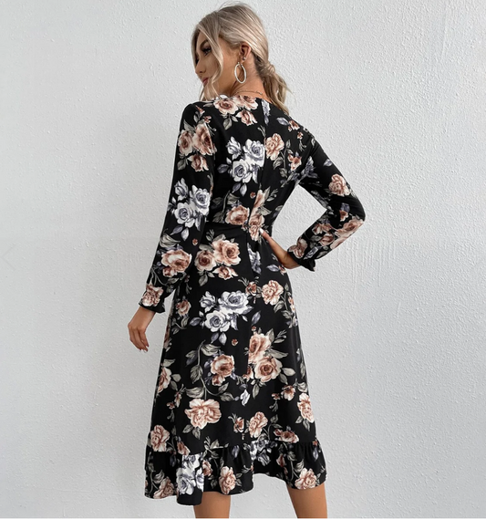 Robe Portefeuille Fleurie Manches Longues