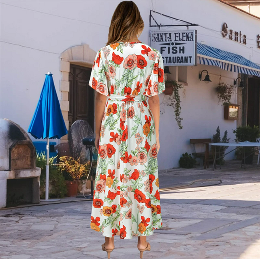 Robe Mi-Longue à Fleurs Rouge
