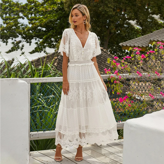 Robe Longue Blanche Fleurie Manche Dentelle