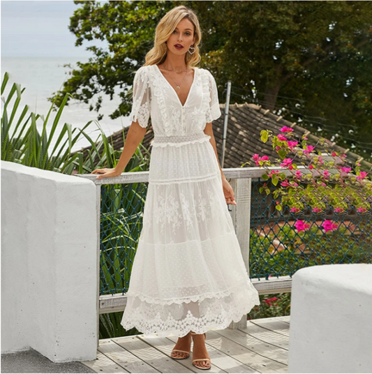 Robe Longue Blanche Fleurie Manche Dentelle