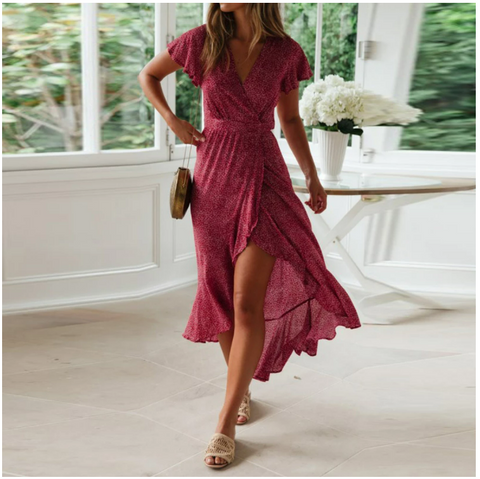 Robe Fleurie Rouge Portefeuille Mi-Longue