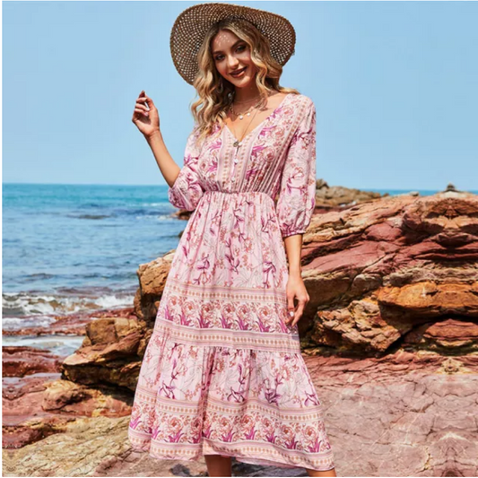 Robe Mi-Longue Style Bohème Fleurie