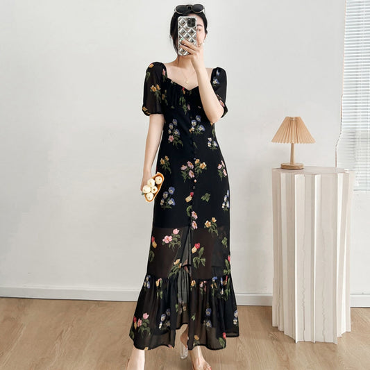 Robe Femme Fleurie Mousseline de Soie Rétro