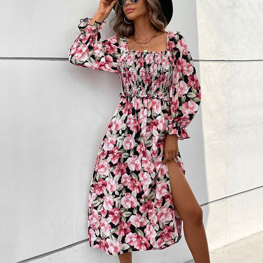 Robe Mi-Longue Manches Longues Fleurie