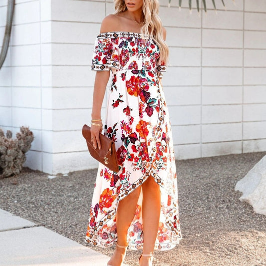 Robe Col Bateau Fleuri Rouge