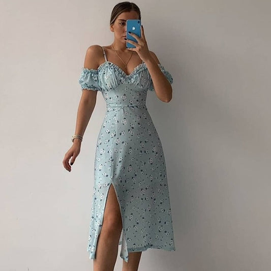 Robe Mi-Longue Fleurie Manche Courte
