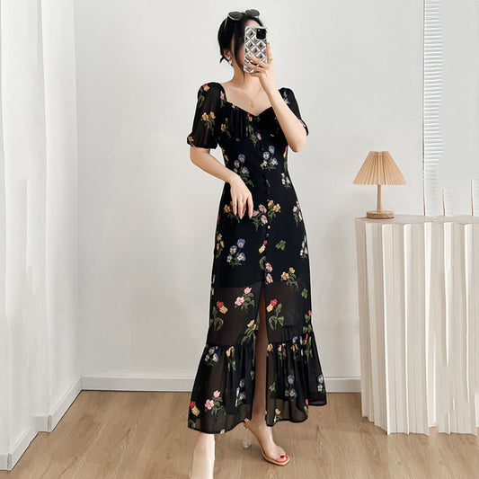 Robe Femme Fleurie Mousseline de Soie Rétro
