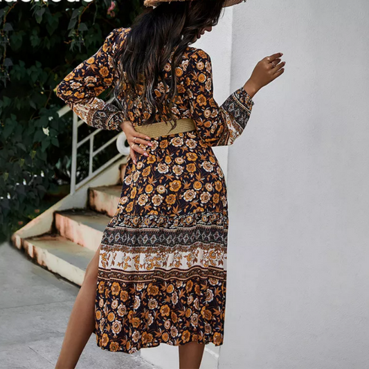 Robe Fleurie Mi-Longue Col Tunisien