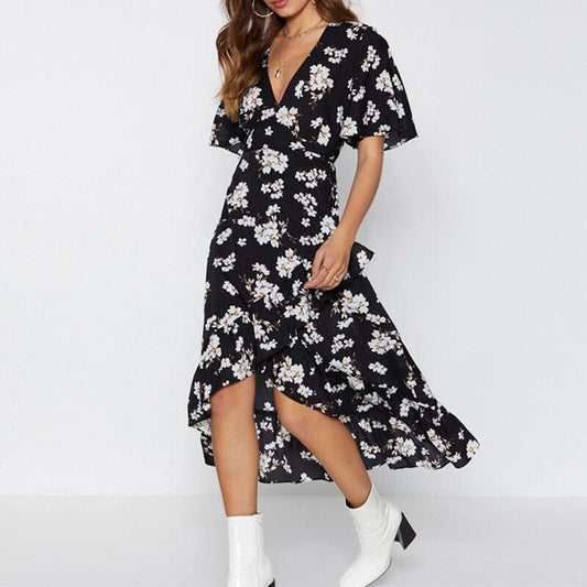 Robe Noire Fleurie Ouverte Devant