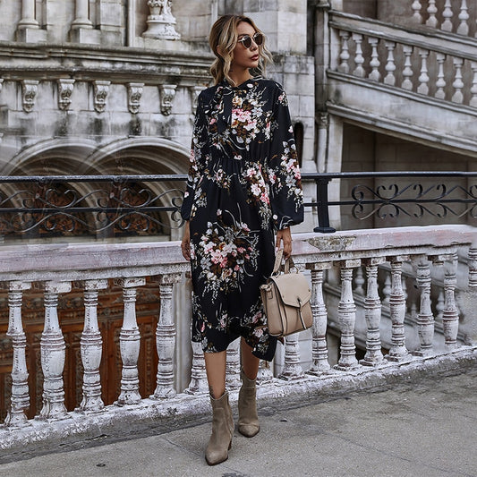 Robe Mi-Longue Fleurie Noire
