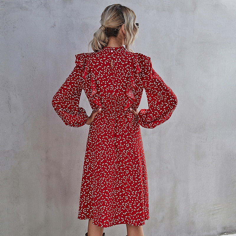 Robe Fleurie Col Montant Rouge