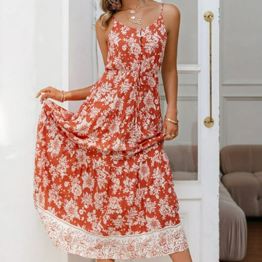 Robe Longue Rouge Fleurie Romantique