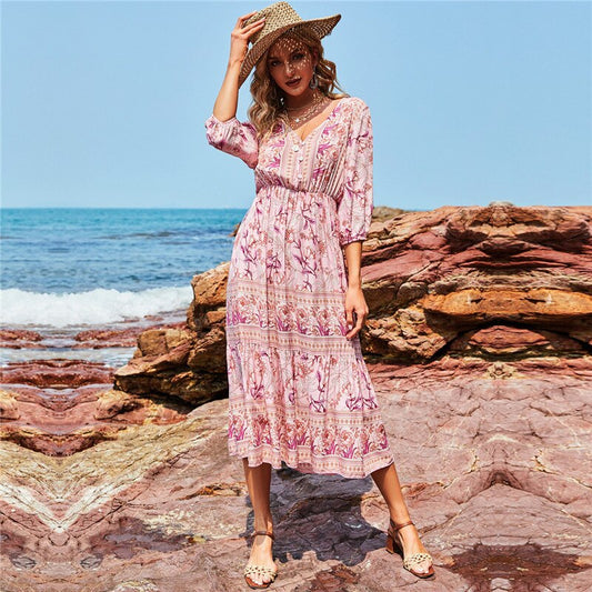 Robe Mi-Longue Style Bohème Fleurie
