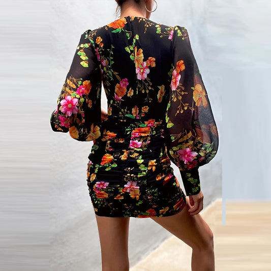 Robe Fleurie Drapée Manches Longues