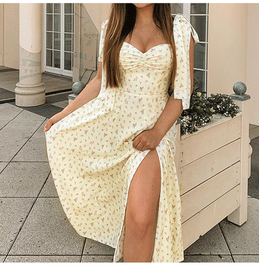 Robe Fleurie à Bretelles Nouées Mi-Longue