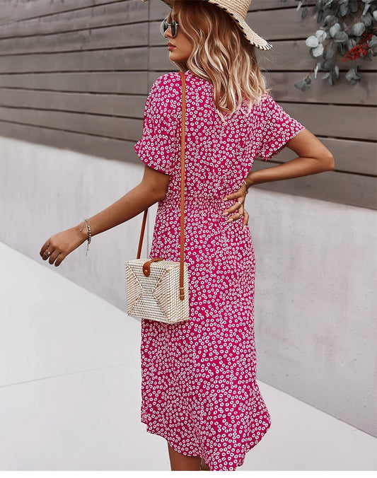 Robe Chemisier à Fleurs Mi-Longue