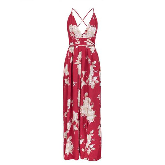 Robe Longue Rouge Fleurie Dos Nu