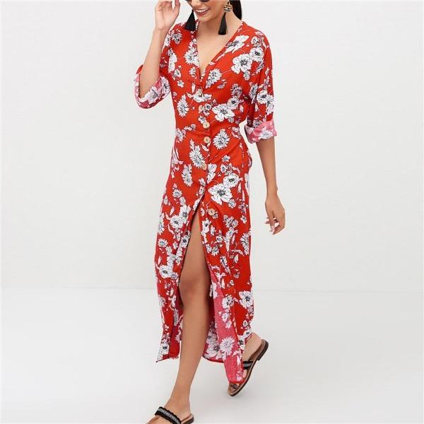 Robe Fleurie Rouge avec Fleurs Blanches