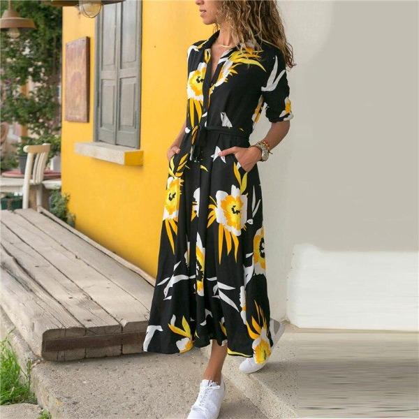 Robe Longue Noire Fleurie Ouverte devant